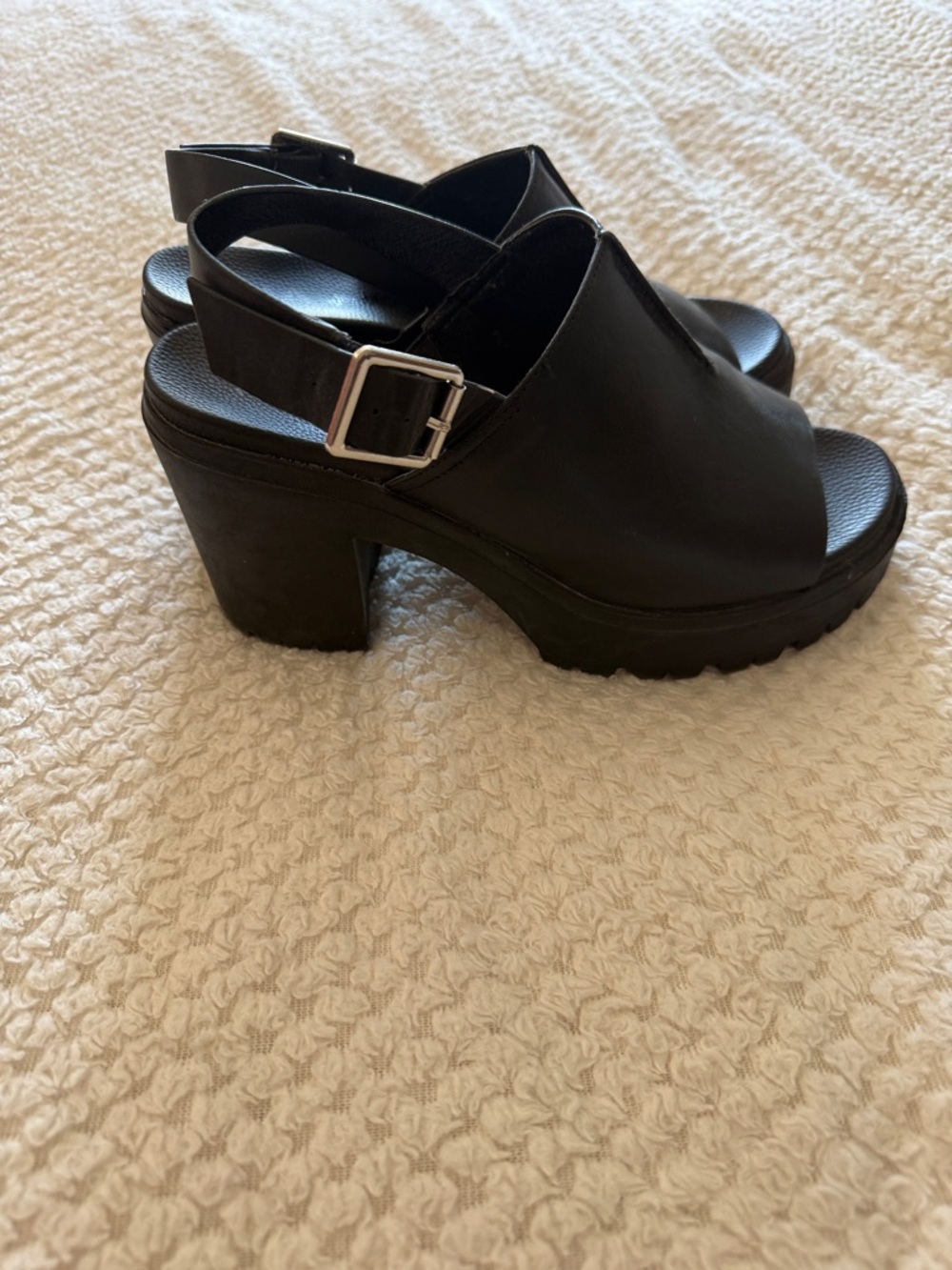 Black Leather Platform Slingback Heeled Sandals